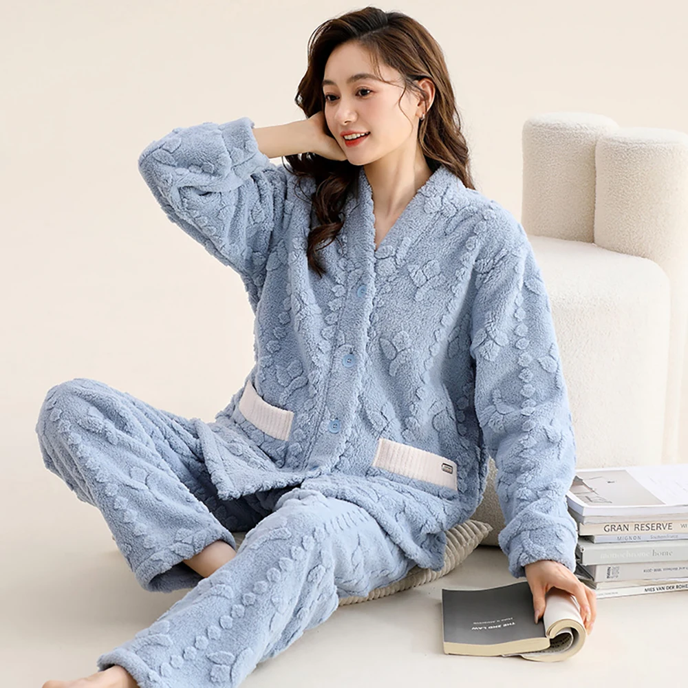 Winter Thicken Flannel Warm Women's Pajamas Set Fairy Jacquard V-neck Sleepwear Little Bear Embroidery Pajama Soft Home Clothes