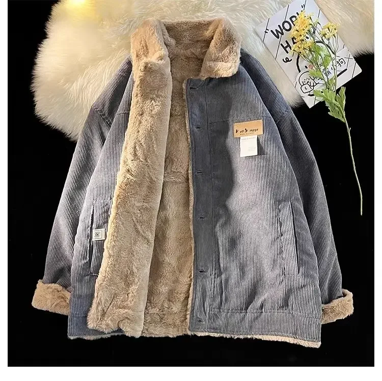 Hong Kong style retro corduroy cotton coat for men and women chic winter loose lamb casual thickened cotton men clothing y2k top