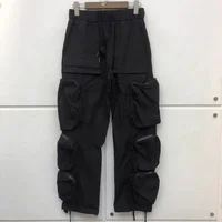 High Street Hip Hop Fashion Black Almond Pocket Casual Pants Drawstring Loose Men Best Quality Straight Leg Pants 1