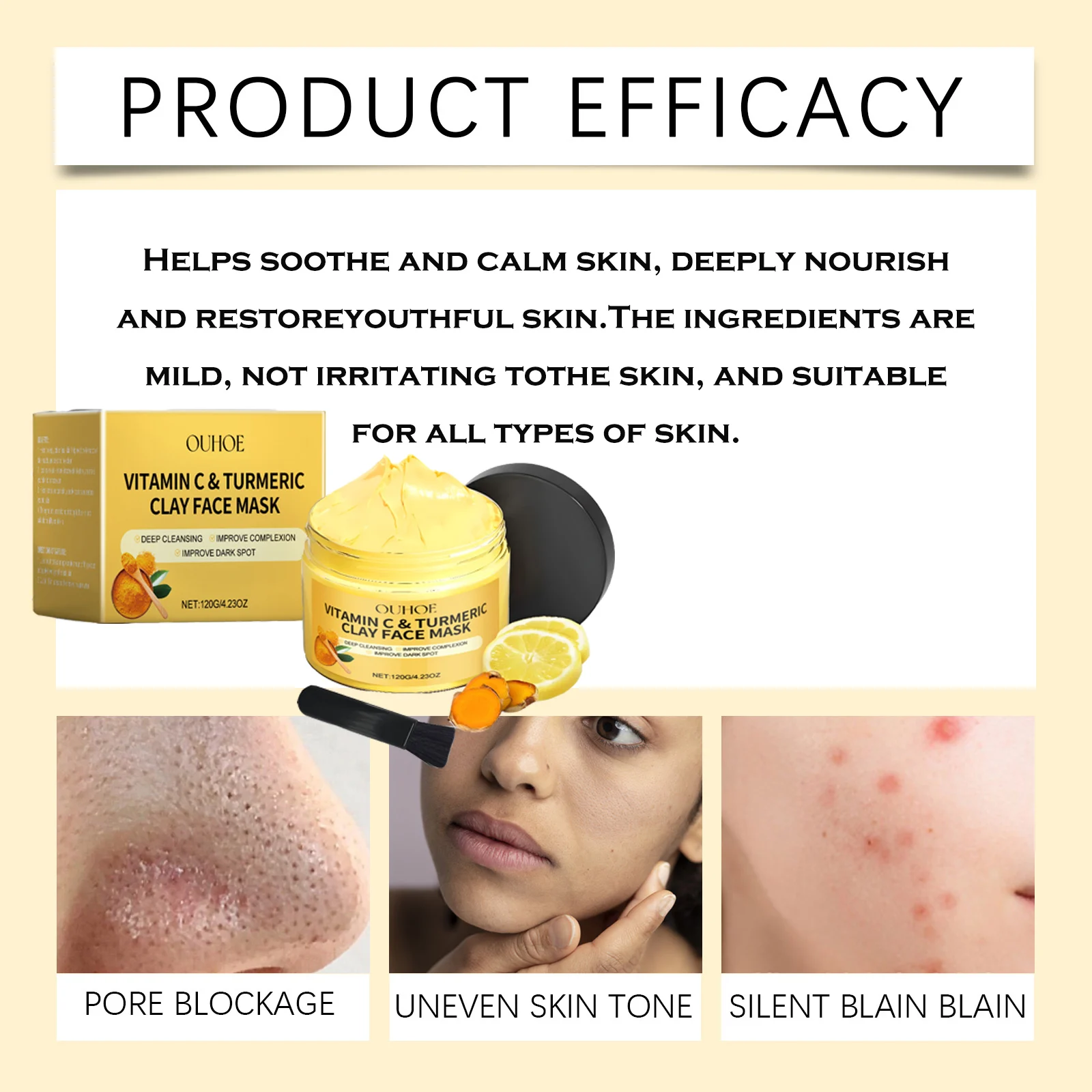 Description Picture 3 of itemTurmeric VitaminC Clay Mask Deep Cleansing Facial Improves Dark Spots Hydrating Skin Care Tightens Skin Evens Skin Tone