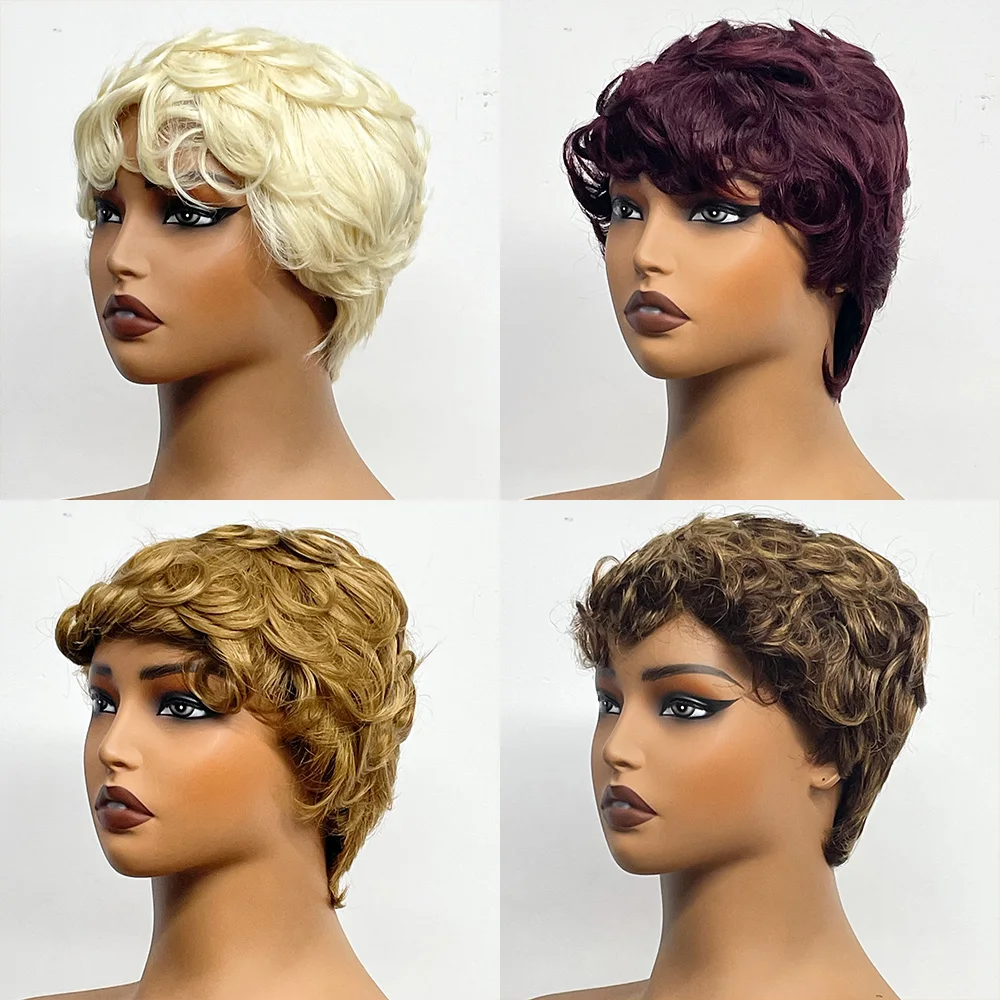 Full Machine Made Wigs Brazilian Remy Hair Pixie Cut Wig Short Bob 100% Human Hair Curly Wig With Bangs Glueless For Black Women