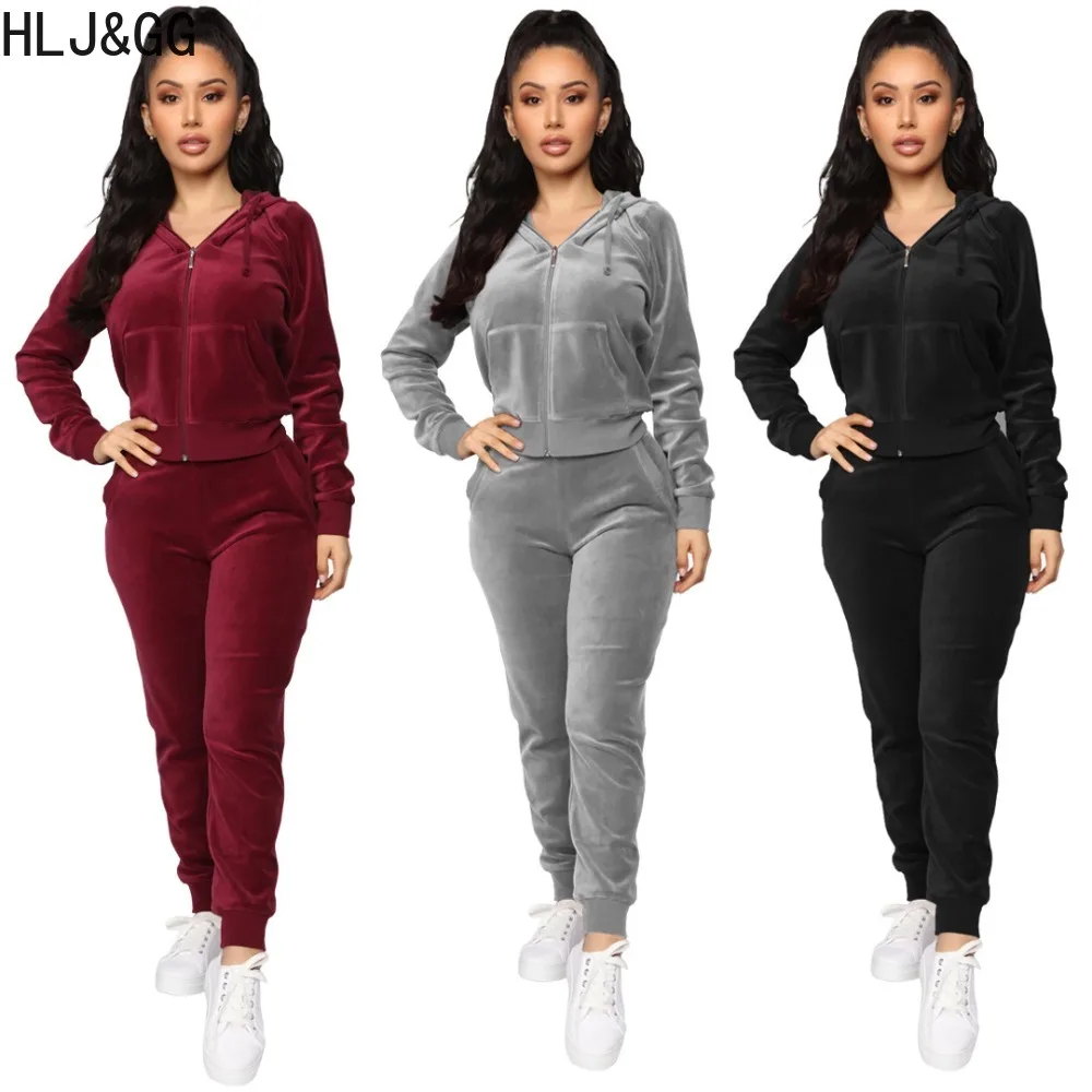 HLJ&GG Fall Winter Hooded Tracksuits Women Velvet Zipper Long Sleeve Top And Skinny Pants Two Piece Sets Casual 2pcs Streetwear