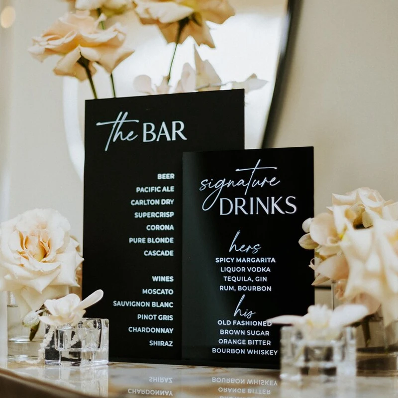 Wedding Bar Sign Black Acrylic Wedding Bar Menu Signature Drinks Sign Cocktails Reception Table Decor