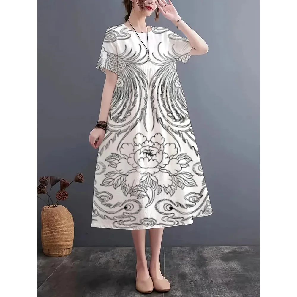 

Summer New Round Neck Short-Sleeved Dress Holiday Casual Imitation Linen Fabric Dress Classical Print Intellectual Elegance