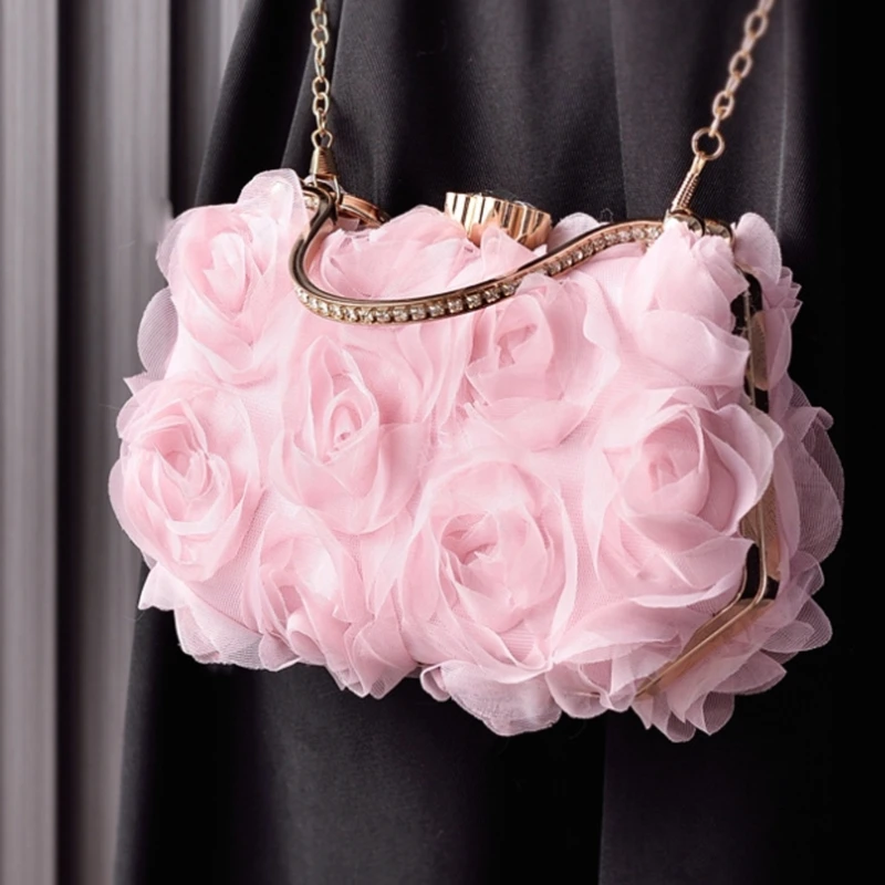 Women Elegant 3D Rose Flower Evening Clutch Purse Rhinestones