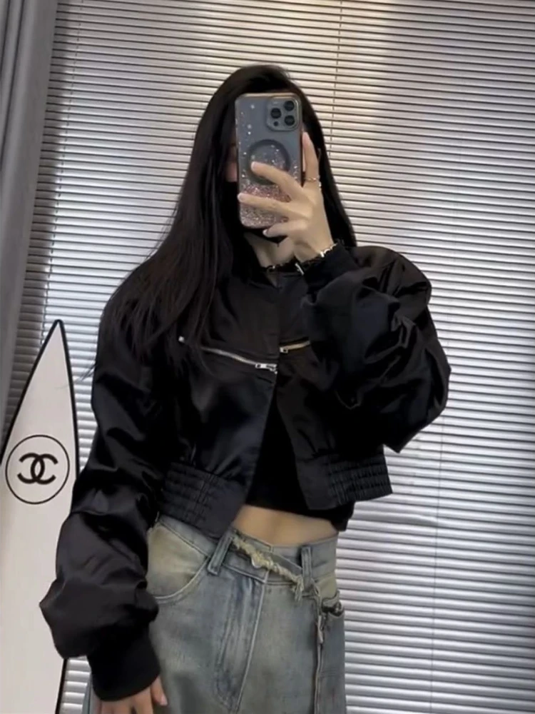 

Hong Kong Style Short Baseball Jacket Women's New High Waist Stand Collar Zipper Fashionable Fried Street European Top