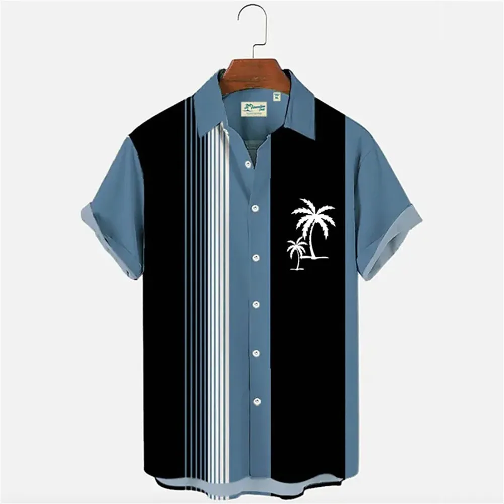 

Line Coconut Tree Print Men's Shirt Casual Breathable Hawaiian Short Sleeve Summer Vacation Beach Club Wear Tops