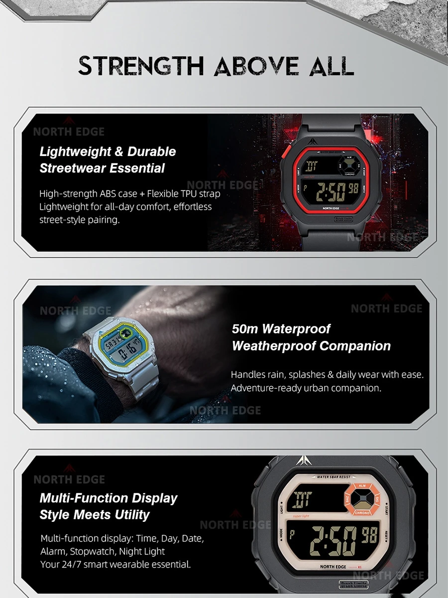 NORTH EDGE X1 Square Screen Digital Sports Watch – Waterproof Stopwatch with Countdown Timer and Alarm Clock