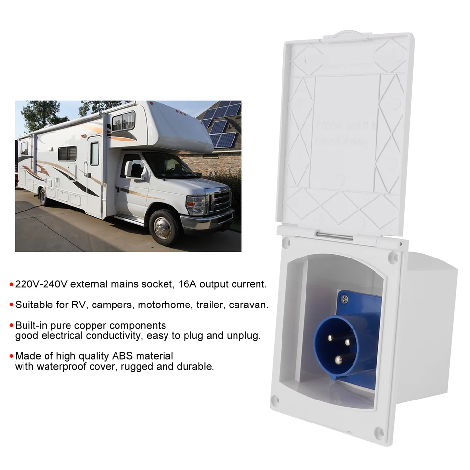 Toma De Corriente Para Caravana 16A/23A - IP44 Impermeable, Empotrable, Compatible Con Enchufes Azules De Camping