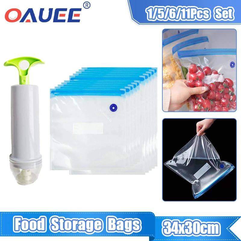 1/5/6/11PCS Food Storage Plastic Bag Moistureproof Food Fresher Bag Sealing Bag Reusable Manual Pump Vacuum Sealer Sous Vide Bag