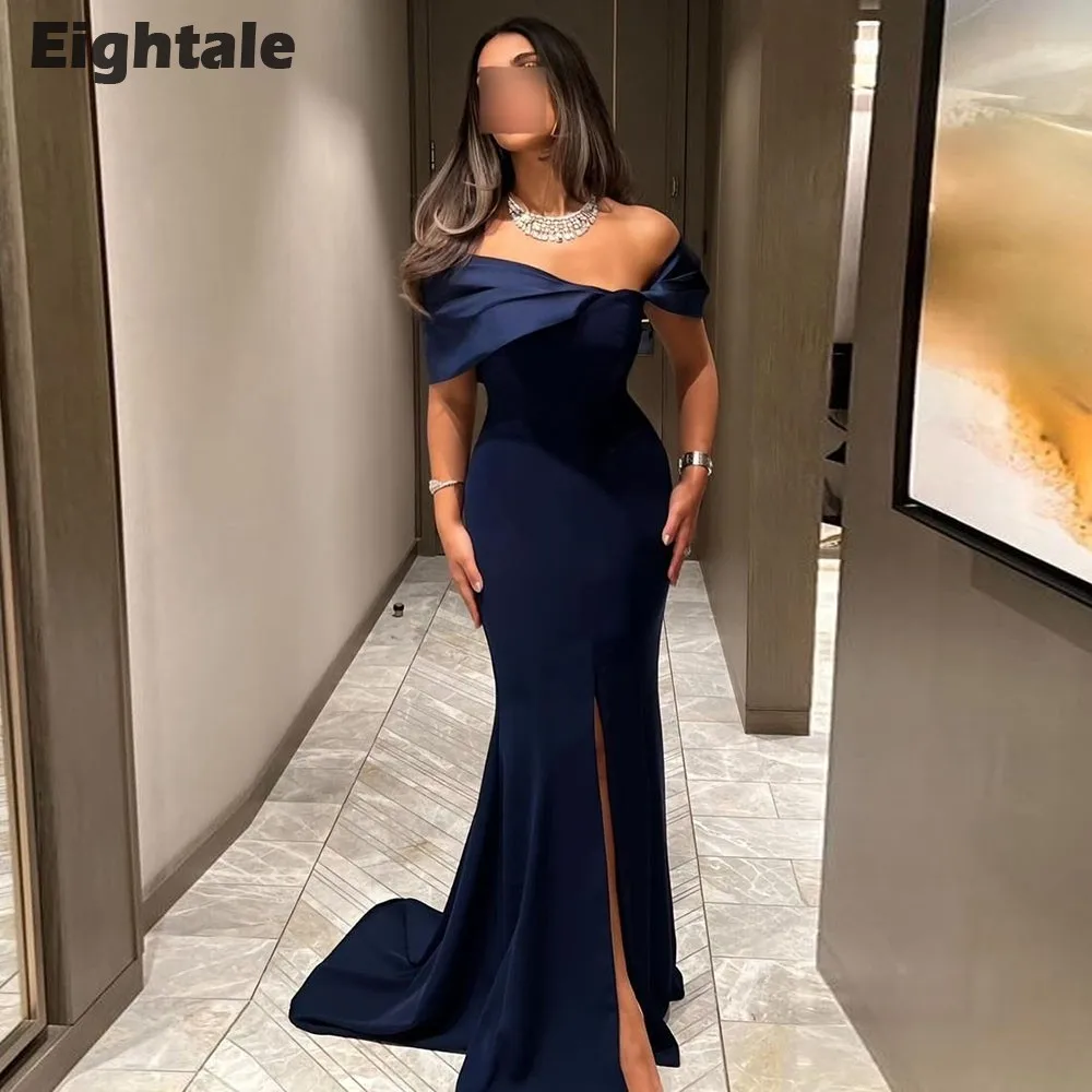 open lace back dress Navy Blue Halter V Neck A Line Party Dress with High Slit Floor Length Prom Dress ARD2545