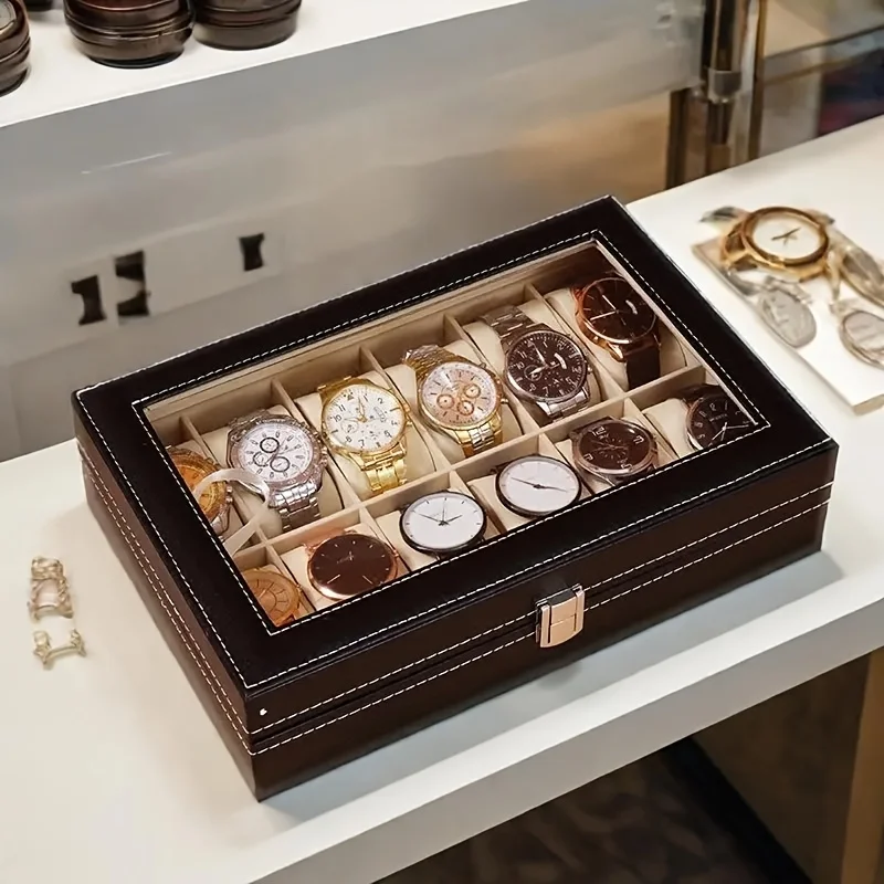 1pc Elegant Watch Storage,3/12-Compartment Showcase with Glass Top & Secure Locking Feature,High-Quality Faux Leather for Home