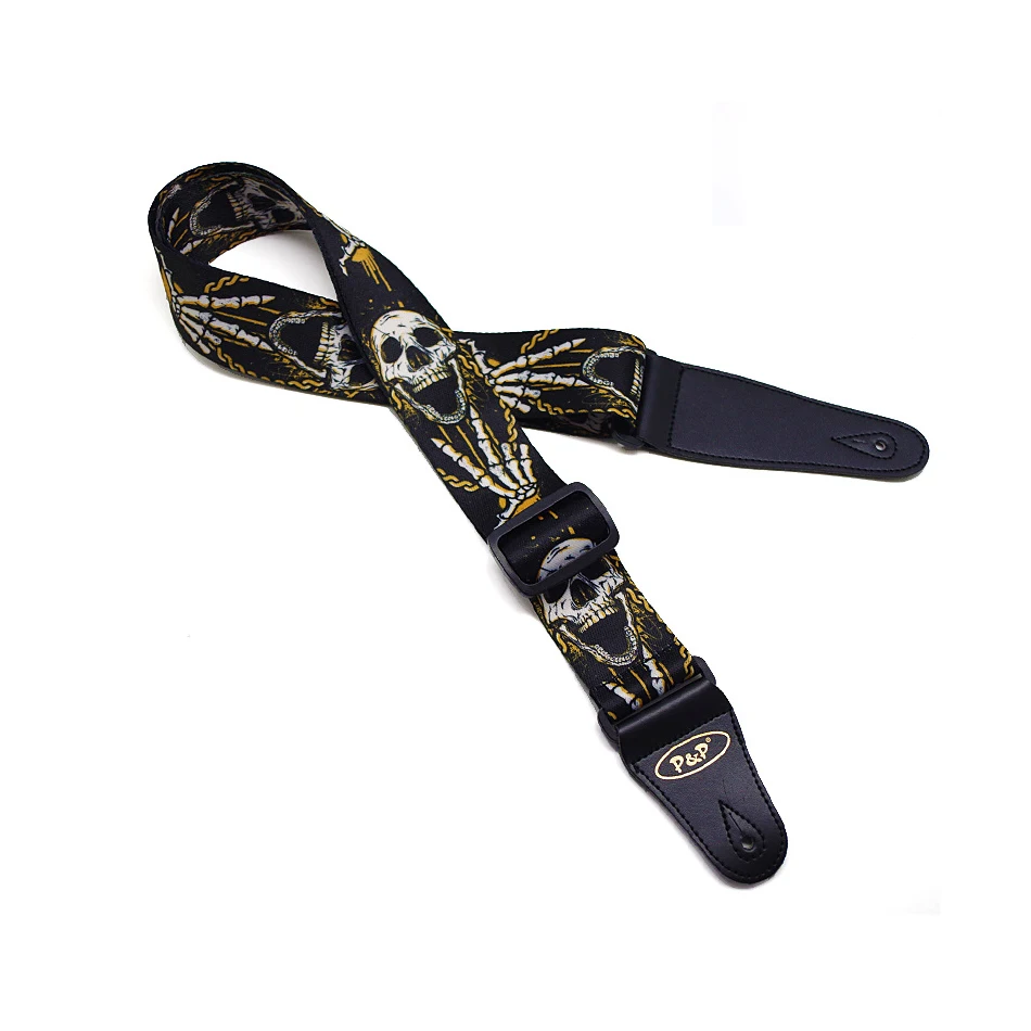 Adjustable Leather End Senior Terylene Polyester Printed Cool Skull Design Electric Guitar Bass Acoustic Guitar Strap Belt