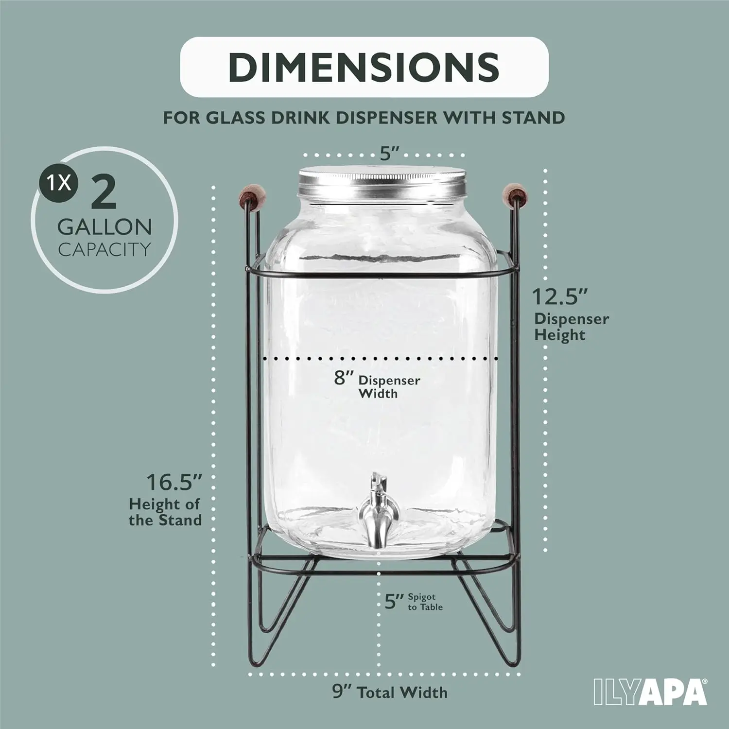 2 Gallon Glass Beverage Dispenser, Metal Base, Stainless Steel Spigot & Hanging Chalkboard - Outdoor Drink Dispenser for 2