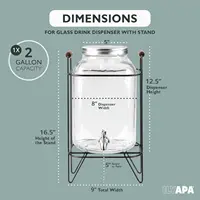 2 Gallon Glass Beverage Dispenser, Metal Base, Stainless Steel Spigot & Hanging Chalkboard - Outdoor Drink Dispenser for 2