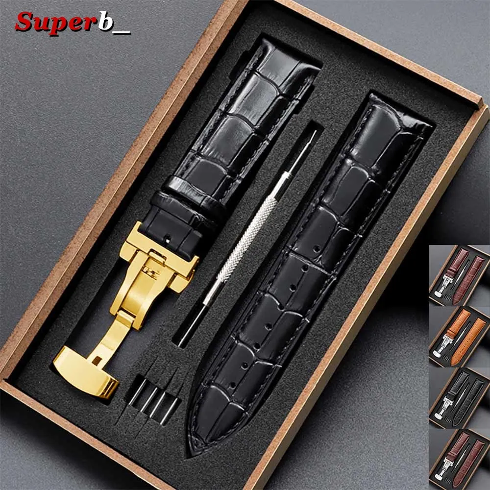 Elegant Genuine Leather Butterfly Clasp Watch Band with Premium Wooden Box
