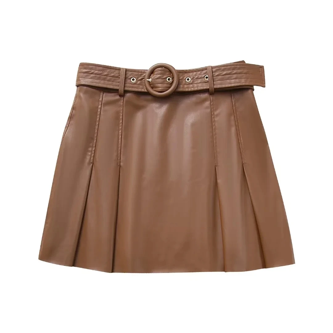 

TRAF Leather Belt Loops Skirt For Women 2023 Autumn Fashion Hot Sweet Pleated Mini Skirt Ladies Casual High Waisted Midi Skirt