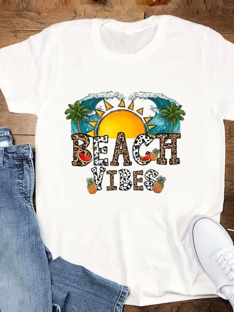 Summer Graphic T Shirt Short Sleeve Tee Top Women Beach Vacation 90s