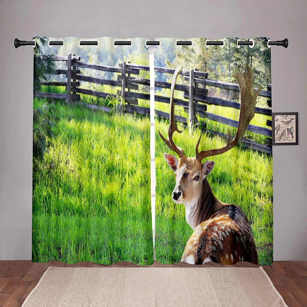 

Nature Deer Animal Forest Green TreeBlackout Window Curtain for Bedroom Living Room Bathroom Kicthen Door Hall High Shading Hot