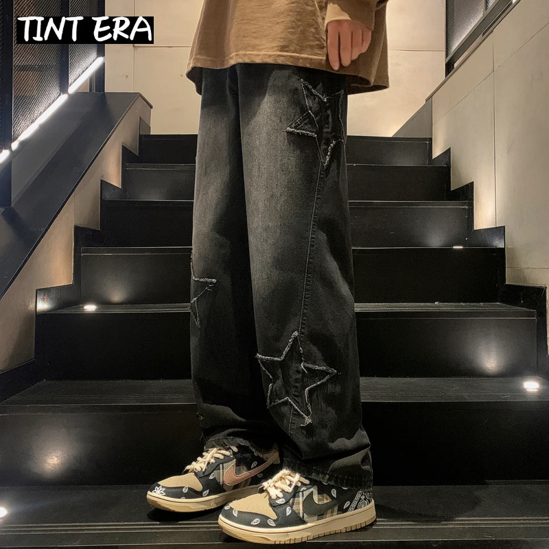 TINT ERA Star Embroidery Straight Casual Men Jeans Gothic New Wide Leg Loose Hip-hop Fashion Youth Streetwear Denim Trousers Y2K