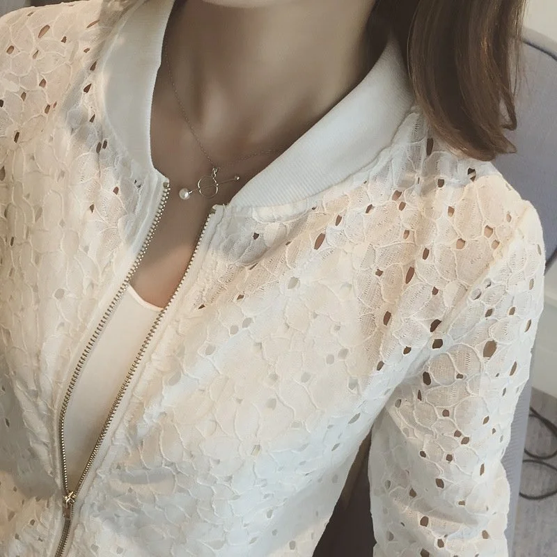 Summer Korean Stylish Thin Long Sleeve Lace Hollow Out Jackets Female Anti-UV Fashion Short Outwear White Women Clothing 2