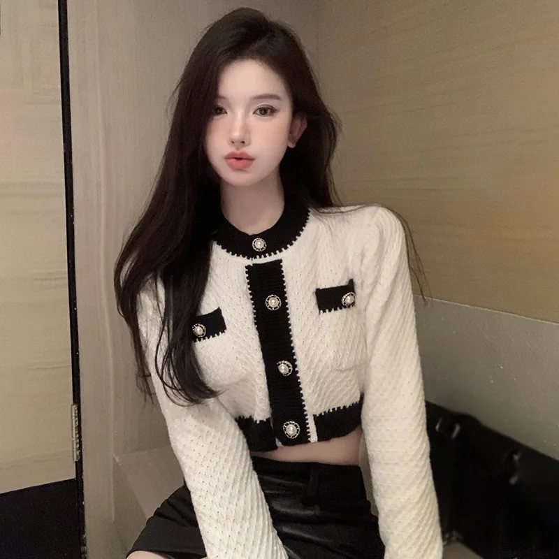 

Y2k Cardigan Office Lady Knitted Sweater Women Long Sleeve Button SlimCrop Tops Korean Fashion Clothing Autumn Chic