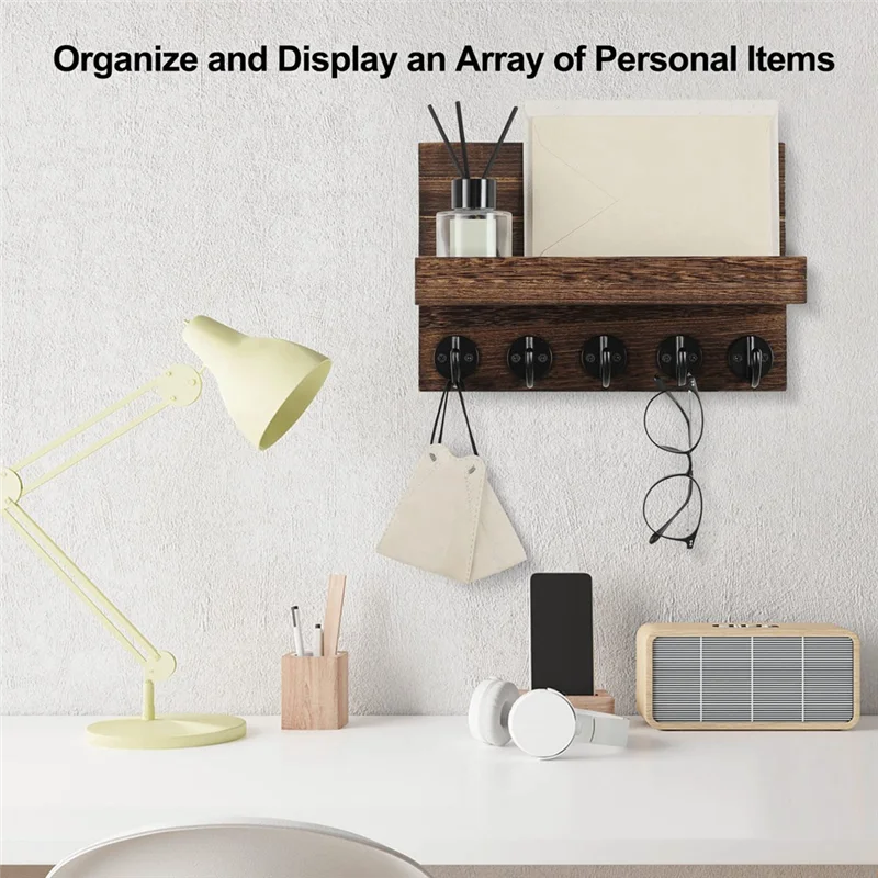 A82X-Key Holder For Wall, Decorative Key And Mail Holder With Shelf Has Large Hooks For Bags, Coats, Umbrella