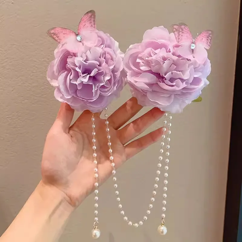 Baby Girls Cute Mermaid Princess Pearl Tassel Bow Forehead Chain Hair Clip