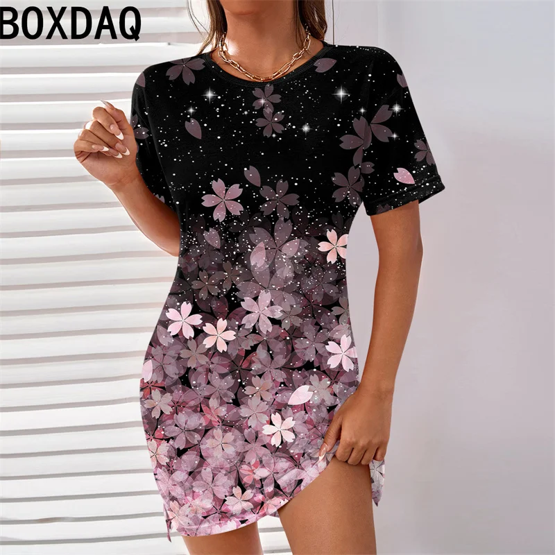 

3D Retro Colorful Floral Printed Women's Dress 6XL Big Size Short Sleeve O-Neck Slim Mini Dress Summer Female Beach Party Dress