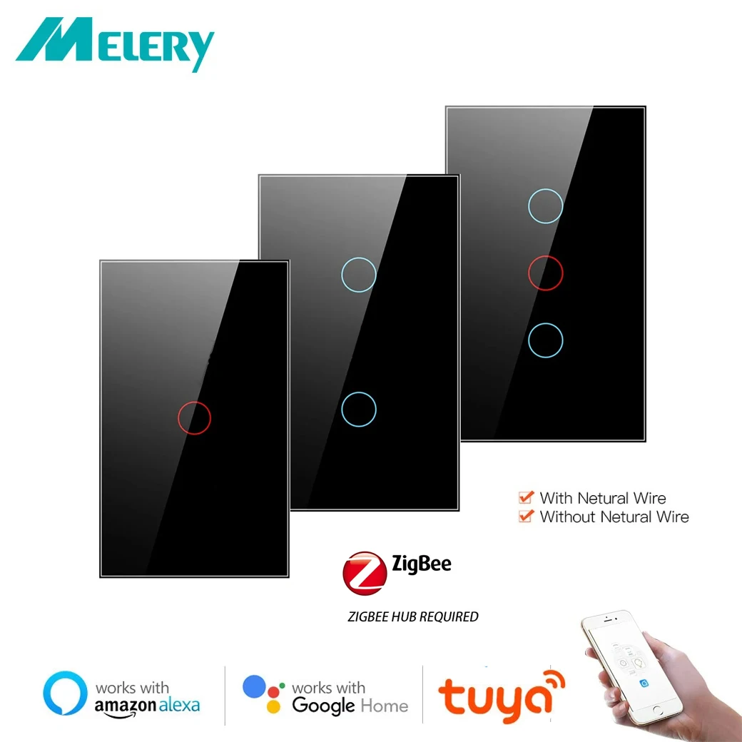 Melery Zigbee Smart Light Switch with/without Neutral Wire Wall Touch Sensor Glass Panel Voice Remote by Tuya Alexa Google Home
