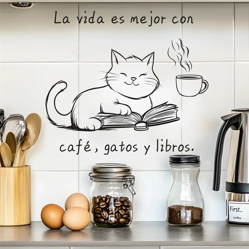 Spanish English Coffee Cat Wall Stickers PVC Self-adhesive Decals Kitchen Beautify Wallpaper Cafe Decor