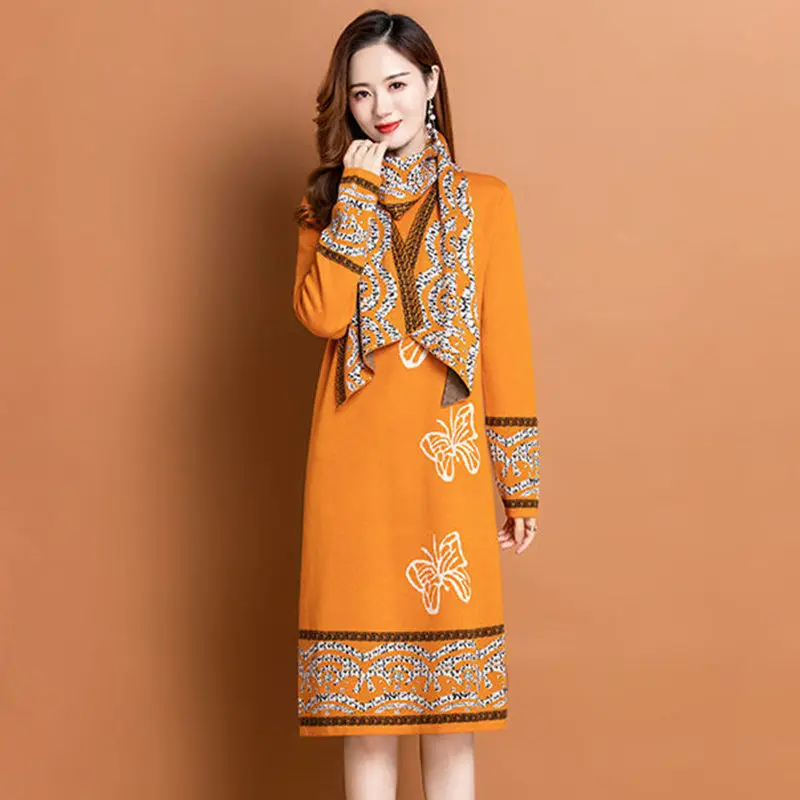 

Women Knitted Long Dress Autumn Winter 2023 Elegant A-line Midi Dresses Female O-neck Casual Ladies Vintage Printed Robe Q555