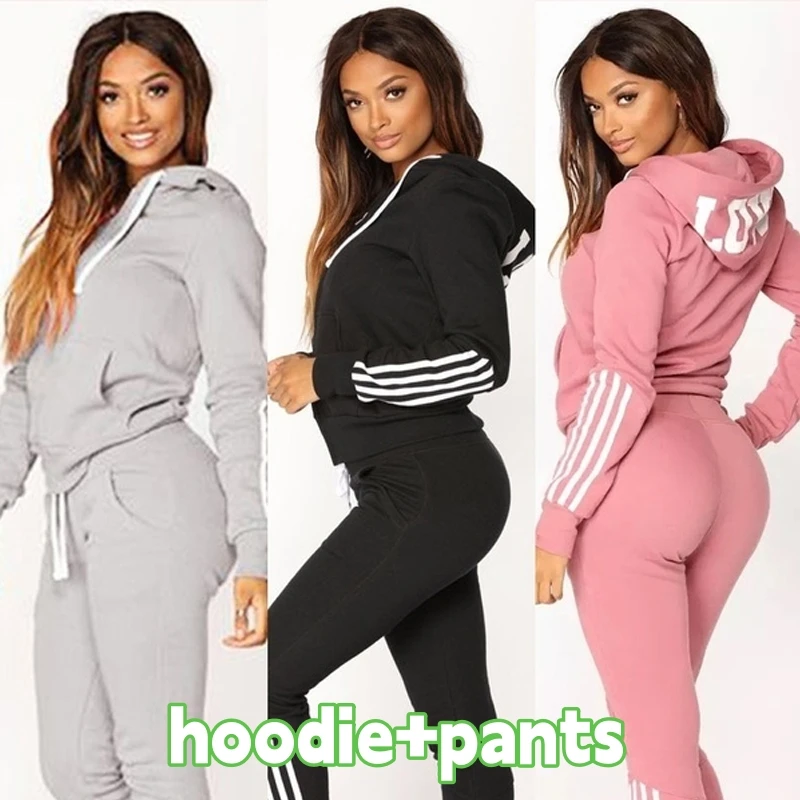 Hot Sale Sports New Women's Three stripes Letter Sports Drawstring Elastic Set Hoodie and Pants Slim Fit Sports Set