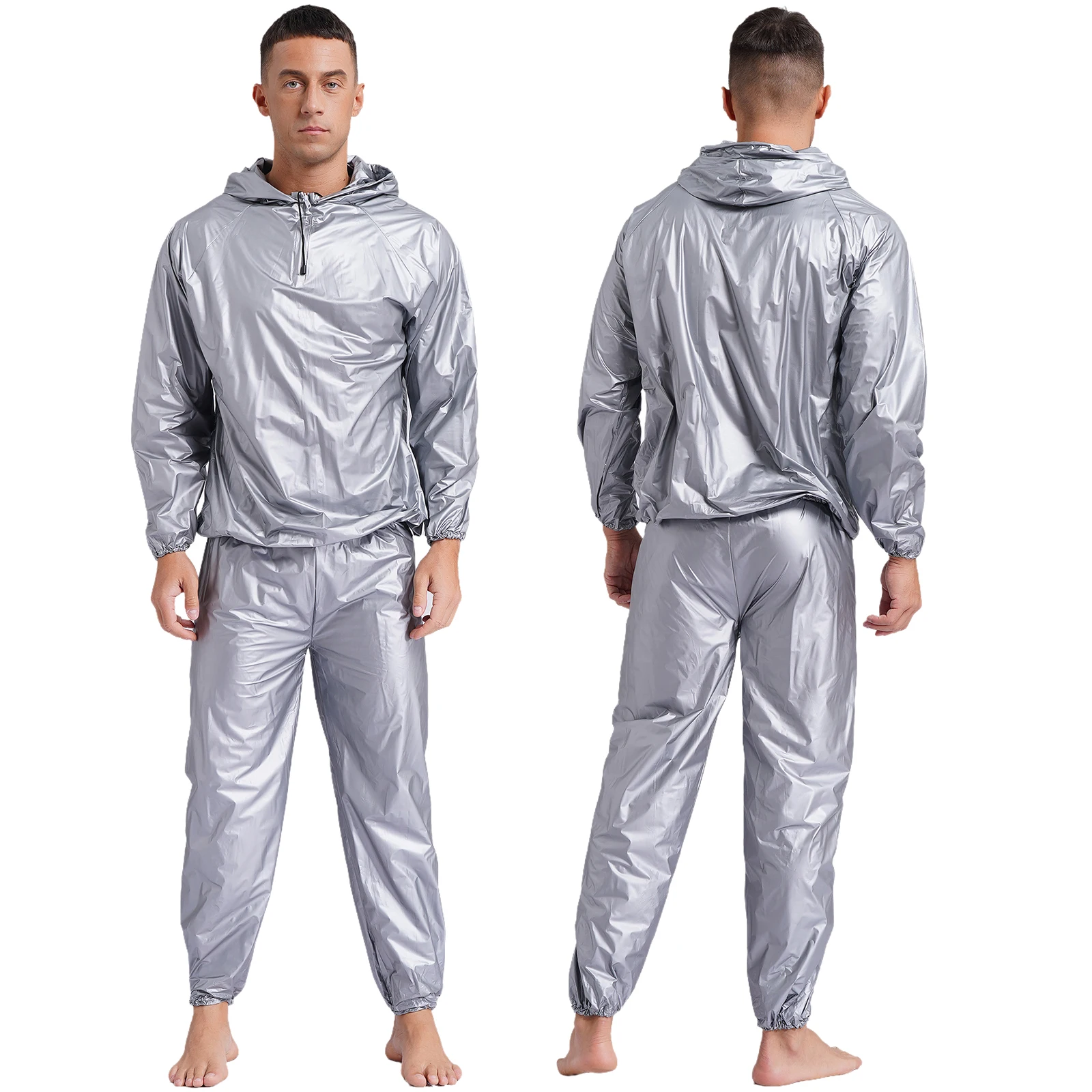 thumbnail image 1 of Traje de sudoración para hombre, chaqueta con capucha de manga larga, ropa de abrigo y pantalones largos de cintura elástica, traje de sudoración de PVC para entrenamiento en gimnasio, 1 of 5
