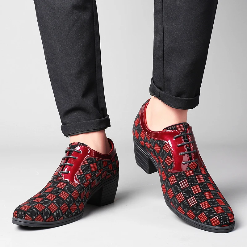 New Fashion Blue Plaid Men's High Heel Shoe Pointed Leather Dress Shoes Men Lace-up Wedding Shoes Men zapatos hombre vestir
