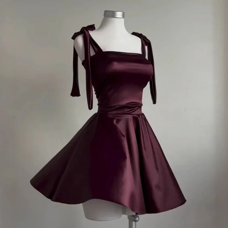 New Women's Suspender Square Neck Dress Burgundy Fashion Sexy Y2k Lace-up Princess Style Backless Waist A-word Short Party Skirt