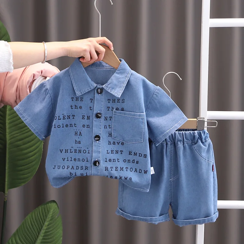 

Toddler Boy Summer Outfit 2024 Lovely Letter Printed Denim Short Sleeve Shirts and Shorts Childrens Clothes Kids Boys Tracksuits