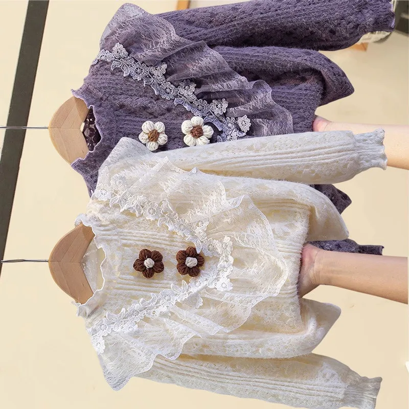 봄 가을 아동복 십대 소녀 긴팔 꽃무늬 러플 레이스 블라우스 여아 셔츠 아동 셔..