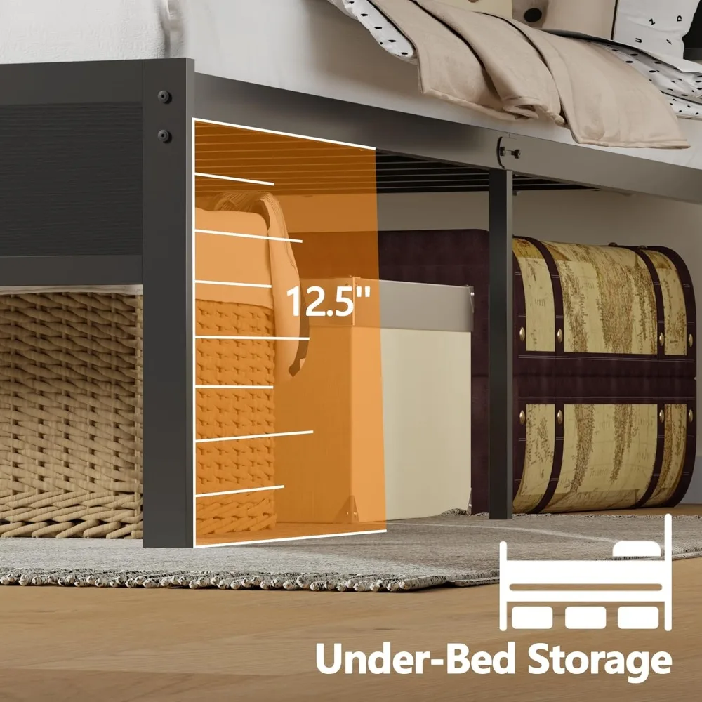 Bed Frame with LED Light and Charging Station, Wood Storage Headboard with 2-Tier Shelves, Metal Platform Bed 2