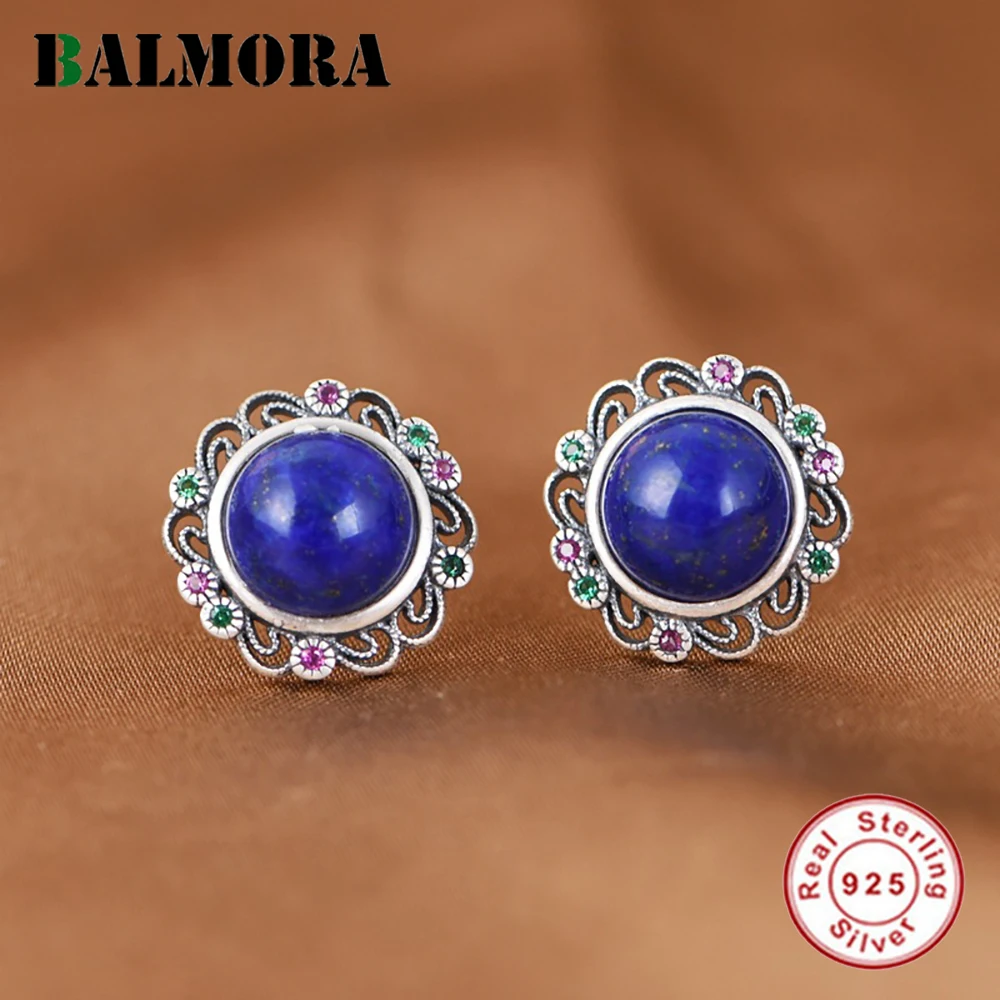 

BALMORA S925 Silver Vintage Retro Round Lapis Lazuli Flower Earrings for Women Mother Fashion Trendy Ear Studs Jewelry Gift