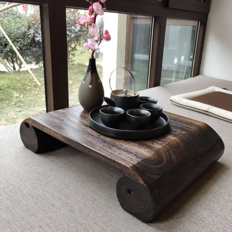 Japanese Style Tea Table Small Bay Window Low Table Solid Wood Balcony with Wooden Cushion Minimalist Home Decor