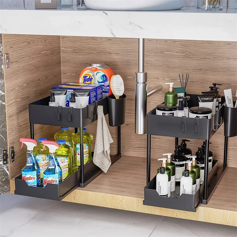 2 Tier Under Sink Organizer Sliding Cabinet Basket Organizer Storage Rack  with Hooks Hanging Cup Bathroom Kitchen Organizer - AliExpress