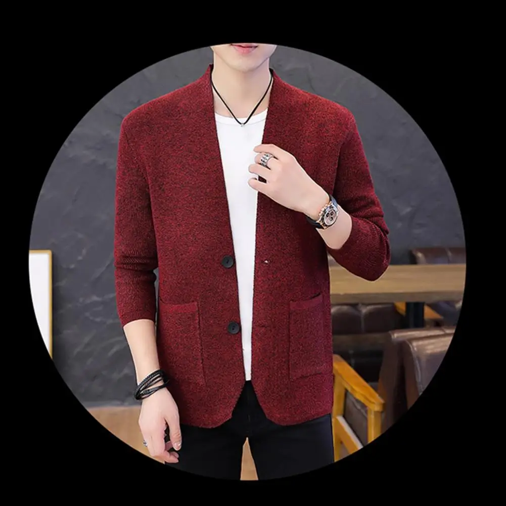 

Button Closure Men Jacket Stylish Men's Knitwear Coat Single-breasted Solid Color Cardigan with Elastic Fit Soft for Fall/winter