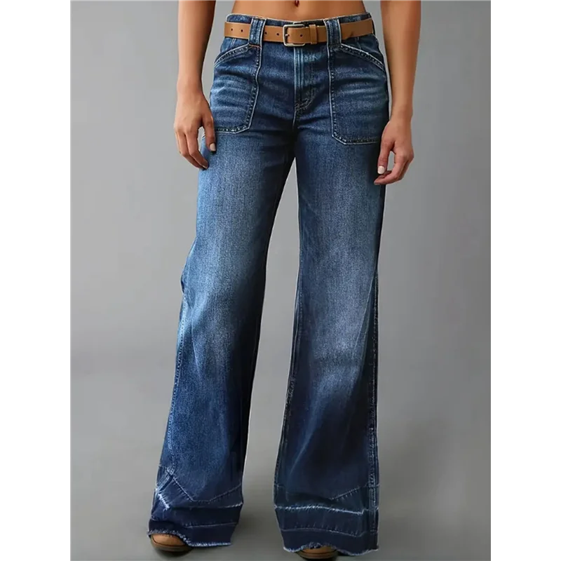 넓은 일자핏 미드라이즈 배기 포켓 데님 청바지 (벨트 없음)