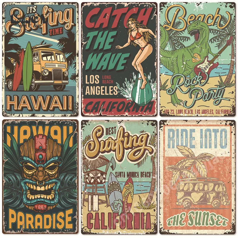 

Vintage Beach Party Poster Surfing Paradise Metal Tin Signs California Hawaii Metal Plate Wall Decorte For Bar Pub Club Home