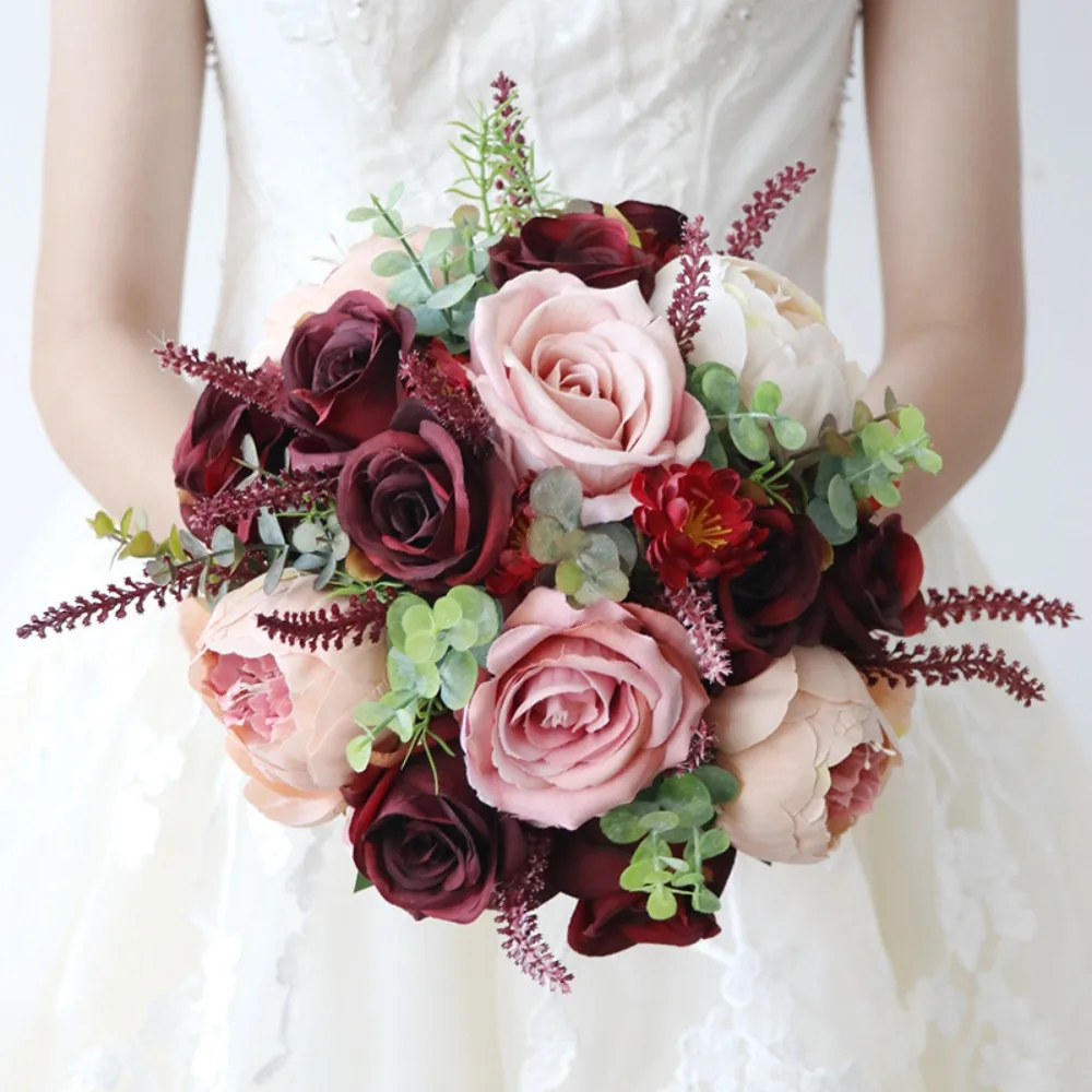 Women's Burgundy and Pink Wedding Bouquets for Bridesmaid Decoration Girls Holding Flowers Home Wedding cascading bridal bouquet