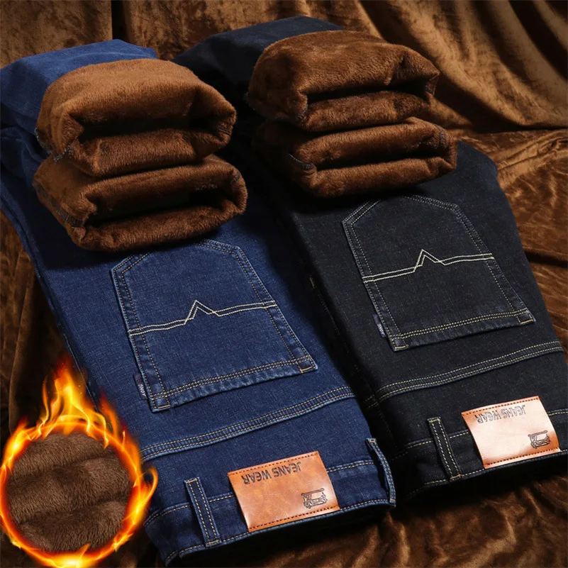 Men's Thermal Jeans Winter Snow Warm Plush Stretch Jeans Thicken Fleece Denim Long Pants Dad
