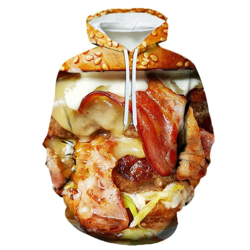 thumbnail image 1 of Sudadera con capucha de manga larga para hombre con estampado 3D de filetes, ensaladas, patatas fritas y comida, con estampado de hamburguesas, informal, 1 of 5