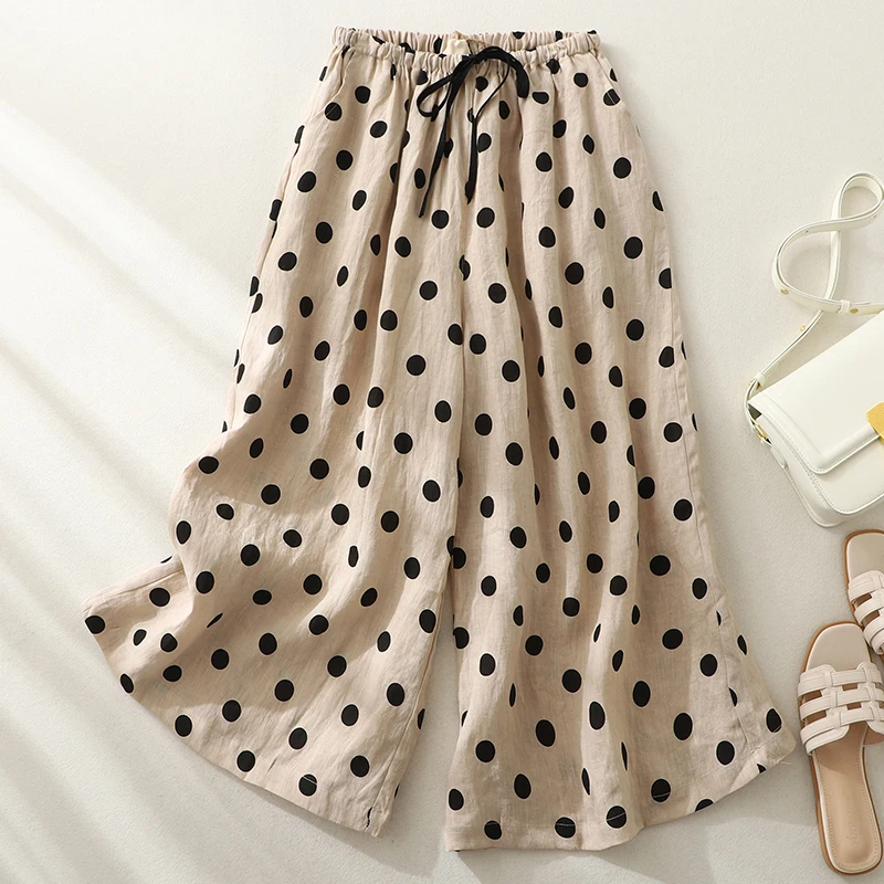 

Limiguyue Drawstring Elastic Waist Calf-Length Pants Women Summer Loose Female Cotton Linen Wide Leg Trousers Polka Dot U847