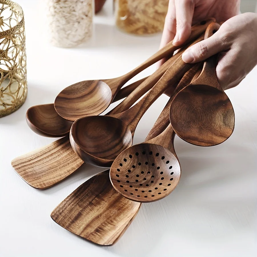 7PCS Natural Wooden Tableware Wooden Spoon Soup Skimmer Cooking Spoon Spatula Long Colander Dinner Home Cookware Set